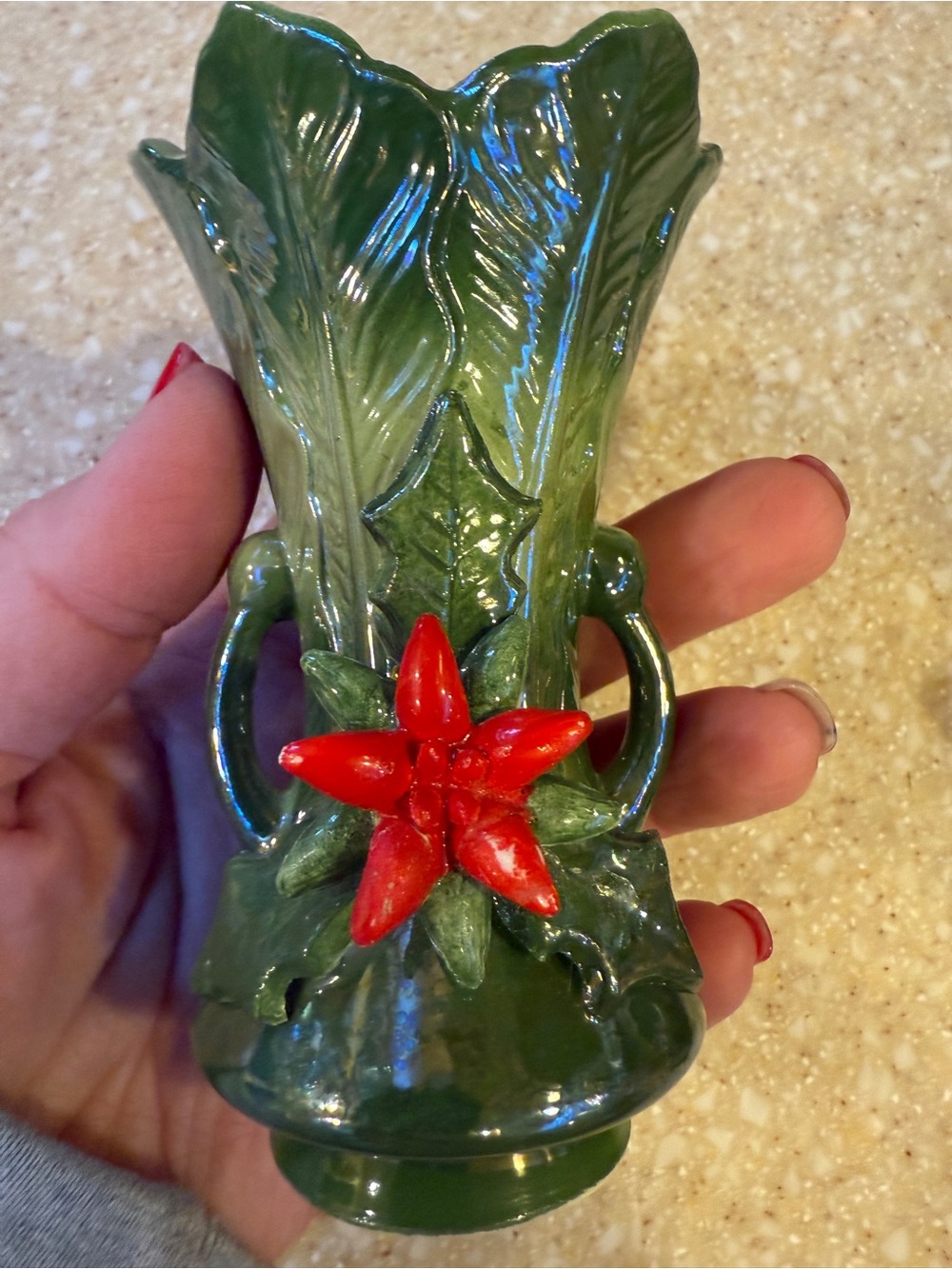 Norcrest Vintage Christmas Holiday Green Ceramic Accent Vase Red Floral Detail